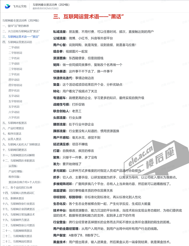 互联网最全黑话词典 2024版-二楼后座