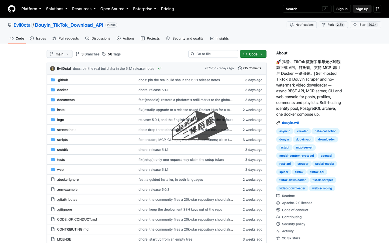 Douyin TikTok Download API 的 GitHub 仓库页面