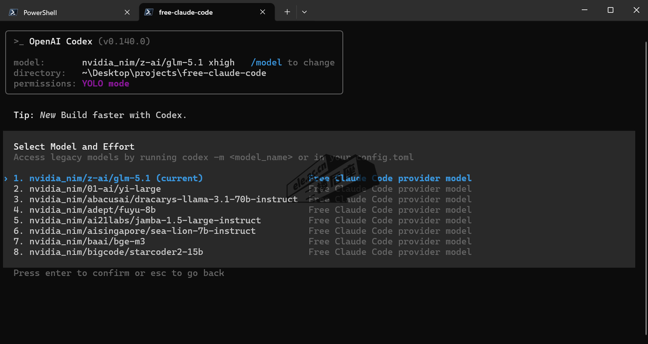 Codex 中的模型选择器列出 Free Claude Code provider model