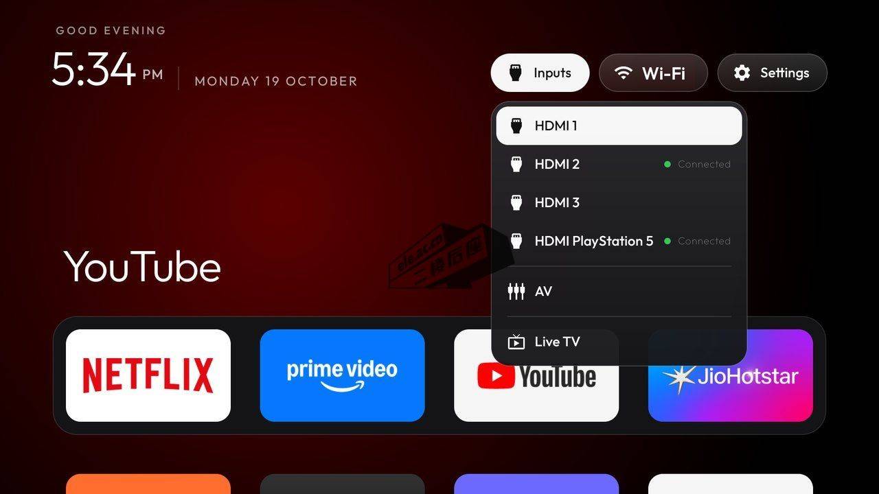 输入源菜单：HDMI 口显示连接状态与设备名，另有 AV 与 Live TV