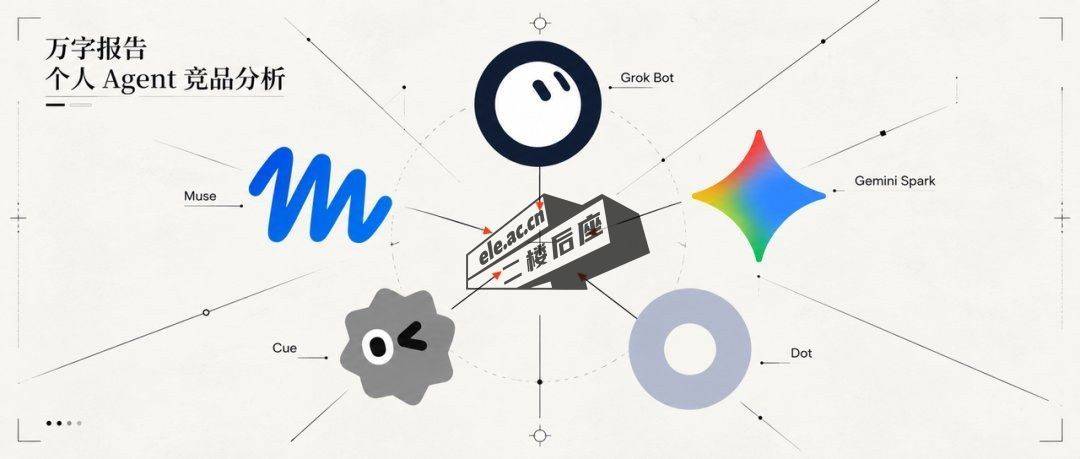五款个人 Agent 的关系图：Muse、Grok Bot、Gemini Spark、Cue、Dot 围绕同一个中心