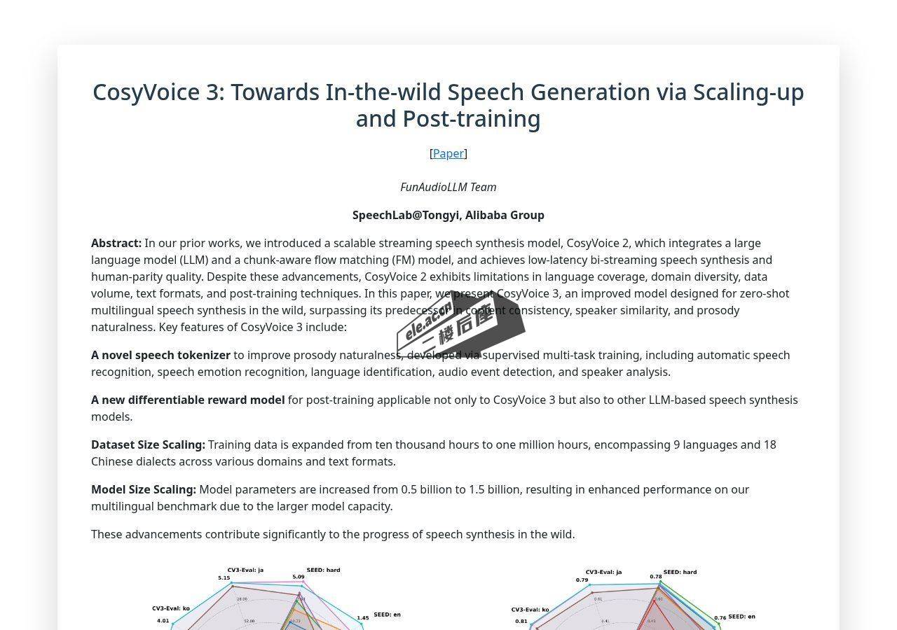 CosyVoice3 论文首页：面向真实场景的语音生成扩展与后训练
