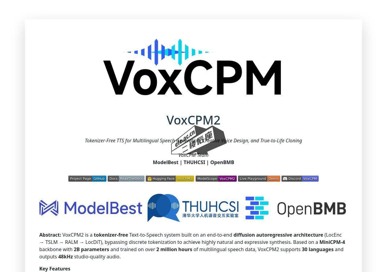 VoxCPM2 项目信息页：ModelBest、清华 HCSI 与 OpenBMB 联合出品，支持音色设计与克隆